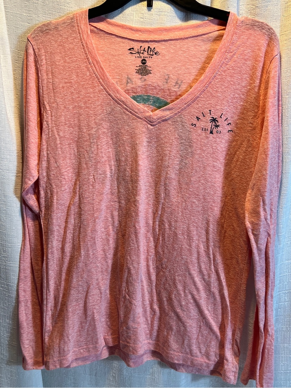 Salt Life Women's Heather Pink V-Neck Long Sleeve Tee SIZE LARGE